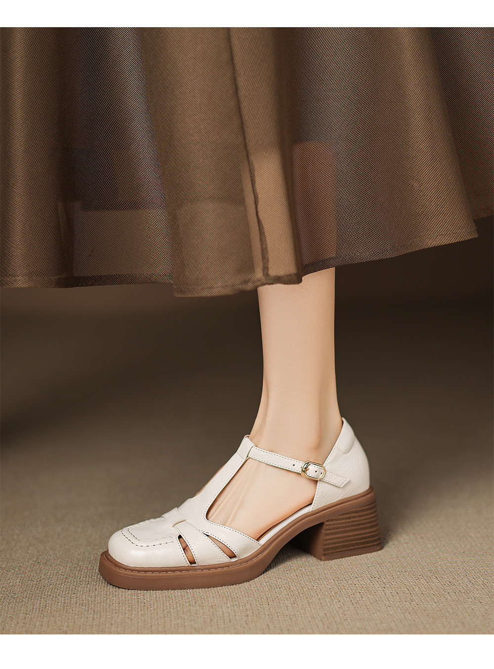 Sandal nữ quai hậu da thật dệt kiểu retro, gót dày, mũi nhọn, đế mềm — Màu trắng nhạt chi tiết 8