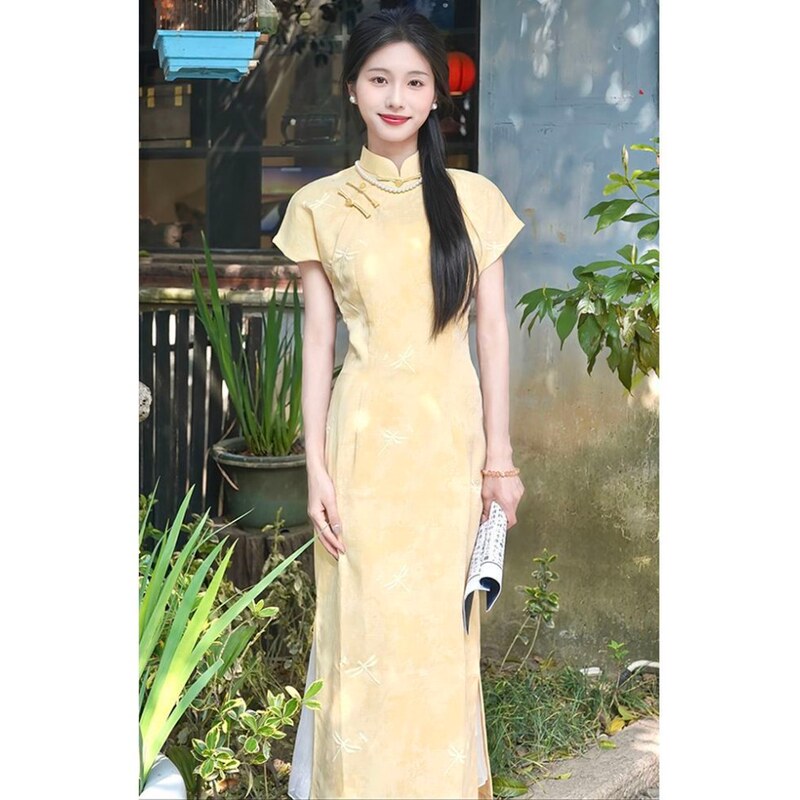 New Chinese Style Republic of China Retro Yellow Improved Cheongsam for Women 2025 Summer Petite Daily Wear Girly Dress