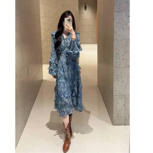 法式蓝色V领碎花连衣裙女2025年春季新款时尚气质小个子收腰长裙