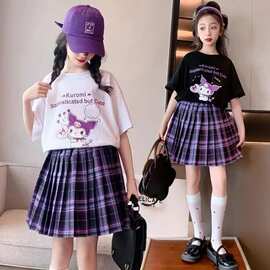 夏季新款时尚卡通夏天套装裙女童休闲学院风短袖T恤半身裙两件套