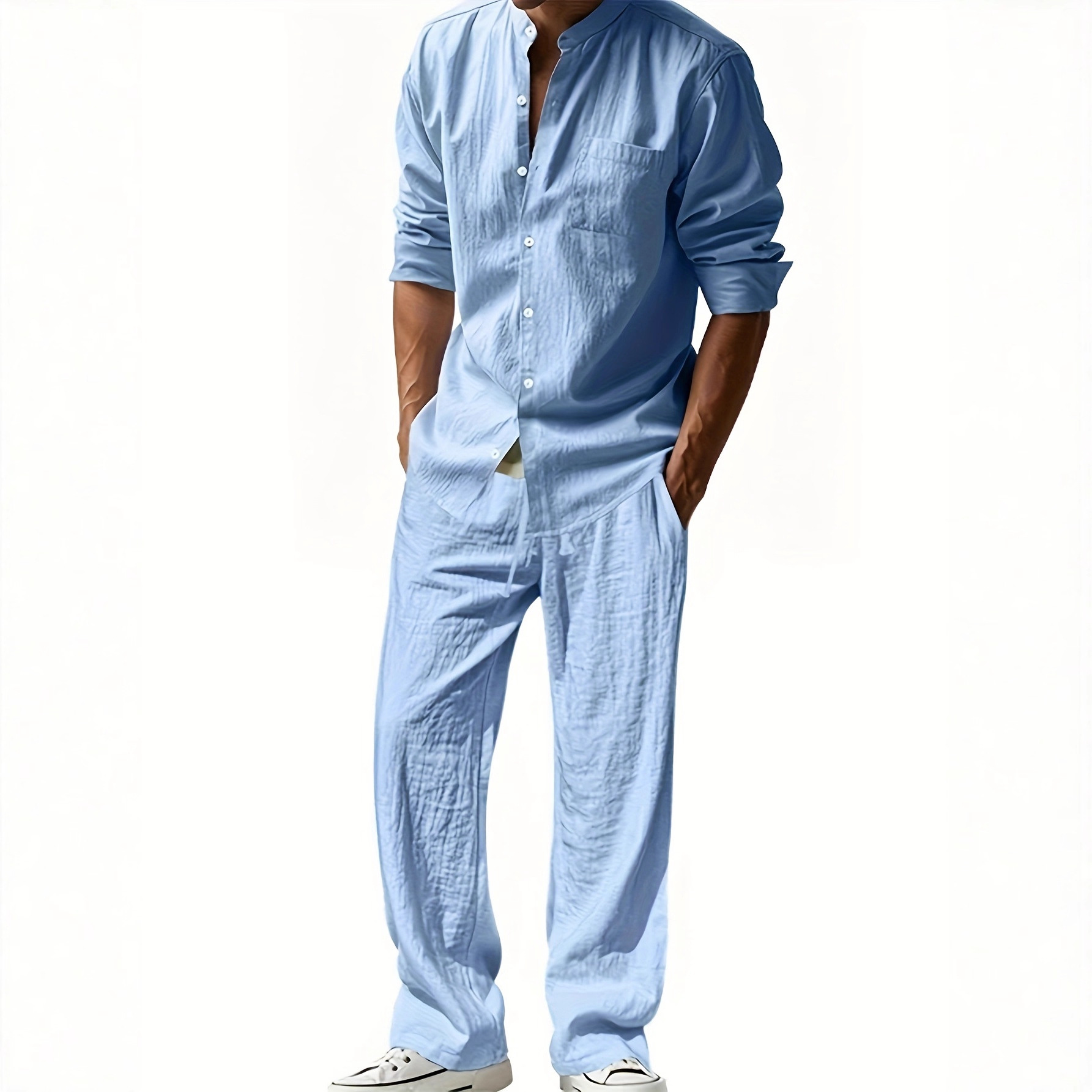Men's Casual Linen Shirt And Trouser Set All-Season Breathable Loose Fit Long-Sleeved Versatile Cool American Style_viptrois.com