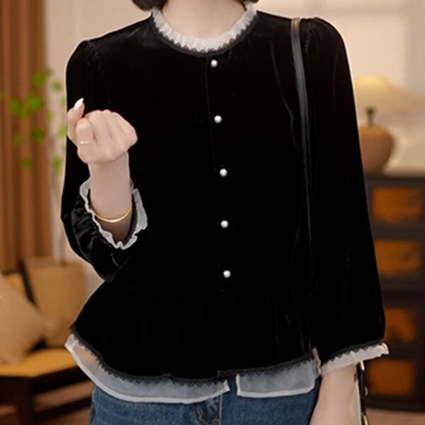 Vintage Lace Patchwork Velvet Long Sleeve Shirt for Women, 2026 Autumn Fashionable Versatile Slimming and Age-Reducing Top