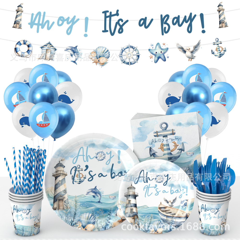 Nuevo tema de navegación azul decoración de fiesta de cumpleaños de niño bandeja de papel desechable tazas de papel toallas de papel set de cubiertos