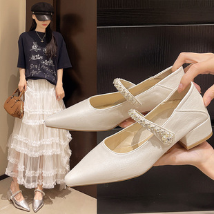 2025 French fairy style pointed toe high heels new summer temperament versatile thick heel single shoes with skirt women's shoes