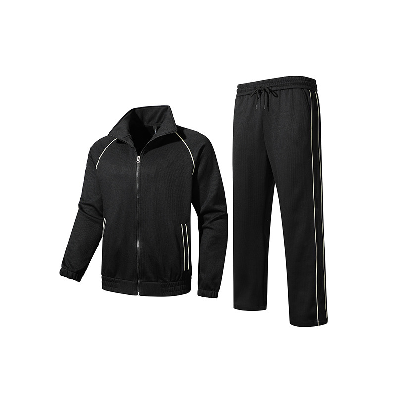 Completo casual da uomo alla moda con colletto alto, giacca, pantaloni a gamba larga, modello cardigan dal design ampio abbinato a pantaloni sportivi_voghion.com