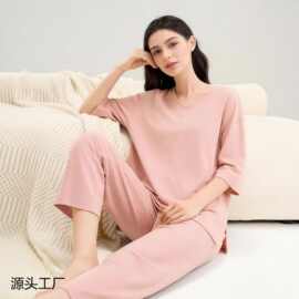 套头真丝桑蚕丝家居服套装女可外穿V领T恤长裤宽松凉感睡衣两件套