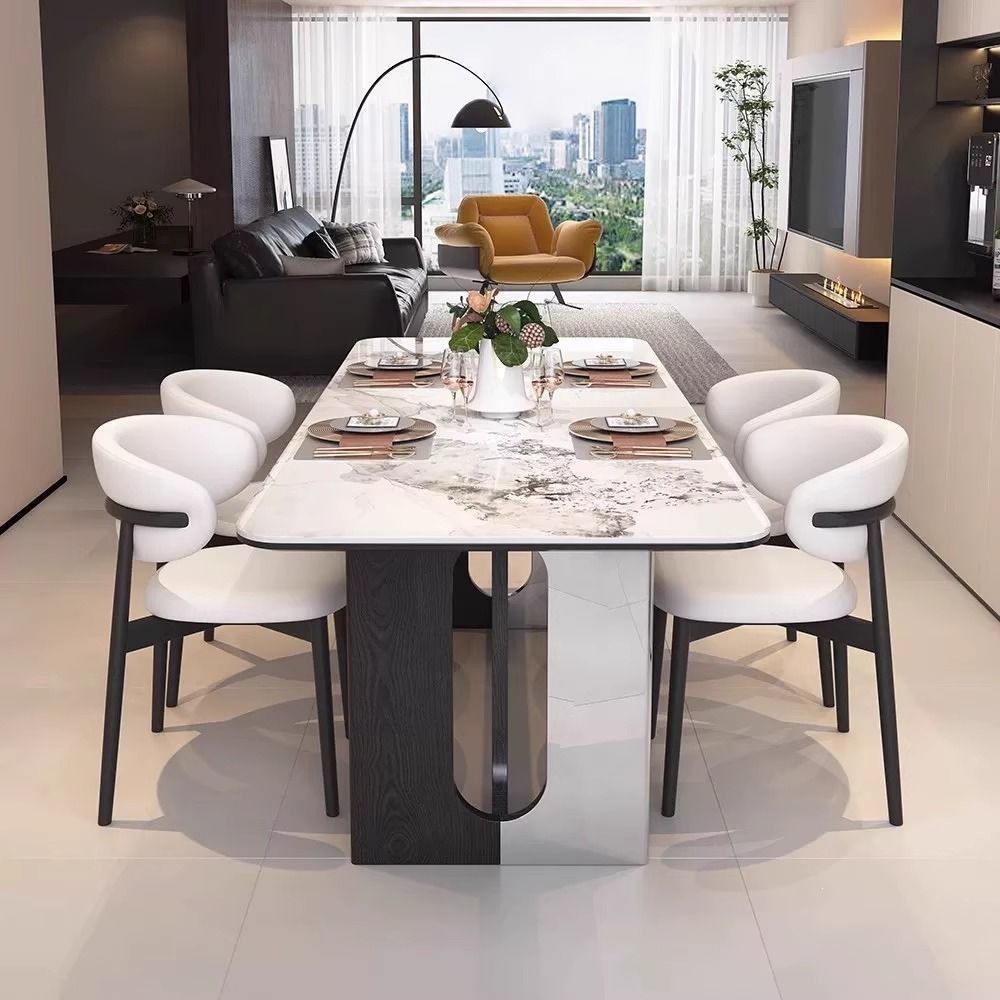 Fábrica directa 2026 nuevo estilo italiano de lujo ligero minimal brillante tabla de roca casera mesa de comedor combinación de sillas pequeñas casas modernas