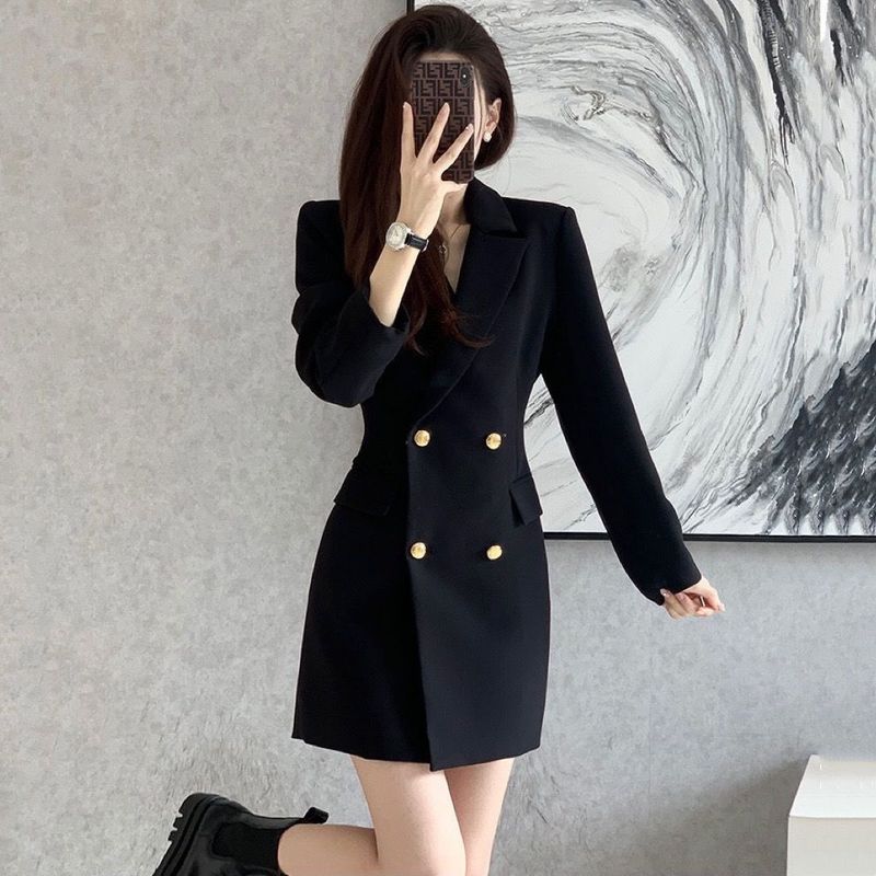 西装连衣裙女2025新款春秋韩版气质时尚修身收腰小个子职业中长裙|undefined