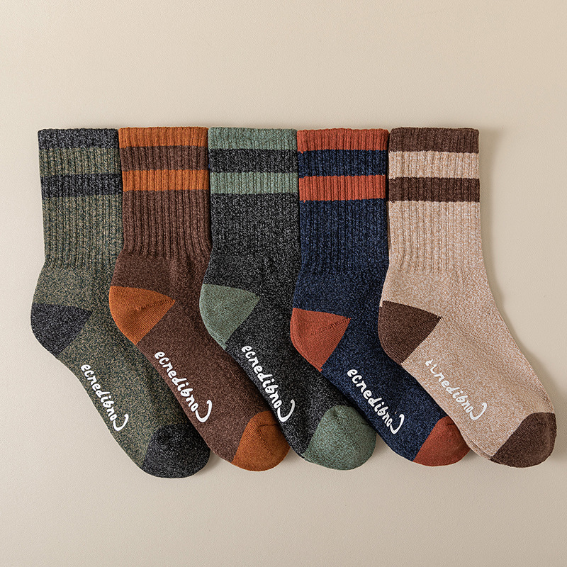 Mid-calf length socks men's and women's striped towel bottom thickened cotton socks dark letters color matching socks trendy all-Match sports socks