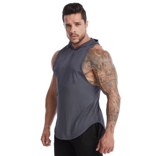 Cross-border relaxed large code men's summer hooded fitness quick-drying backless top sweat running basketball top