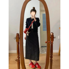 大码女装春秋韩版圆领长袖针织开衫+高腰波点半身裙显瘦两件套女
