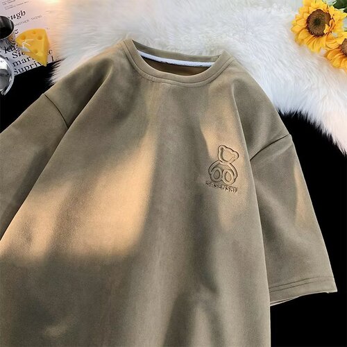 Little Bear T-shirt for Men, Summer Design, Niche American Vintage Suede Fleece Short-Sleeved Top, Loose and Casual T-Shirt