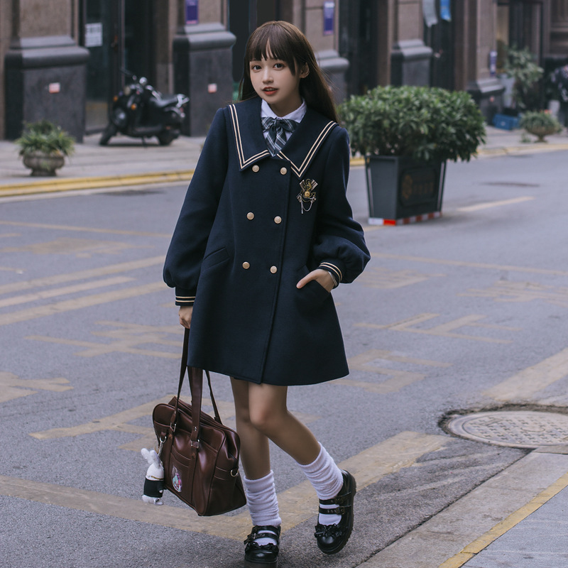 Abrigo de Lana Estilo Colegial de Lana, Manga Larga, Largo