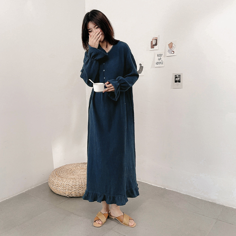 Coreano ins algodón de doble capa de gasa Camisón con volantes diseño largo vestido pijamas homewear de las mujeres