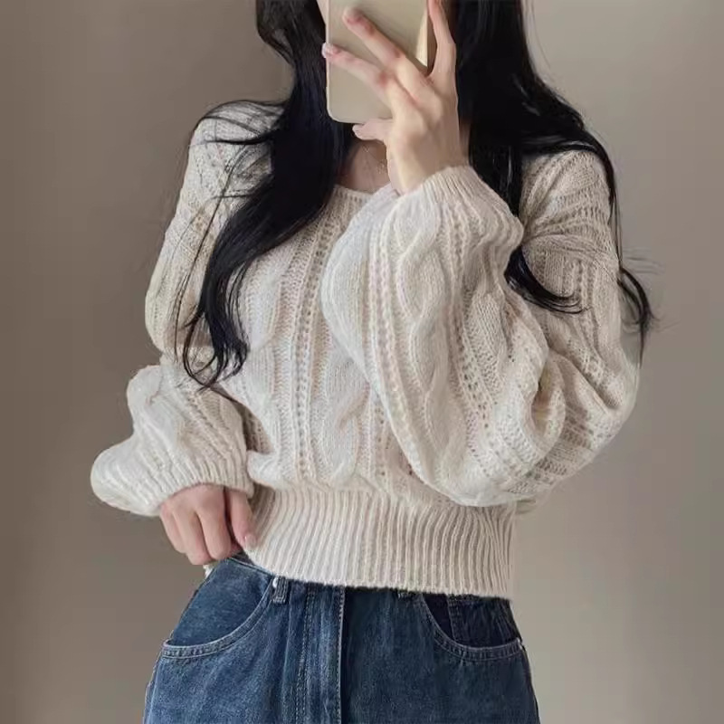 Coreano retro torcido cuello cuadrado hoodie de manga larga suéter de mujeres otoño y invierno nuevo suelto corto perezoso chaqueta de punto image 1