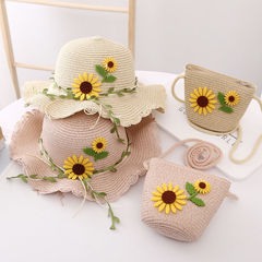 夏季兒童防曬帽子批發韓國ins遮陽帽女寶沙灘度假款草帽包包套裝