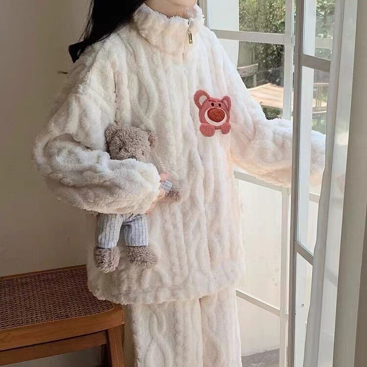 Zipper Shirt Coral Fleece suit Pajamas Women's Spring Autumn and Winter Thickened Warm Cute Bear Home Clothes Princess Style