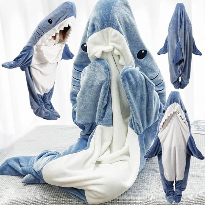 Shark Pajamas Adult Cute Shark Blanket Hoodie Wearable Blanket Super Soft Flannel Sleeping Bag Kick-proof quilt