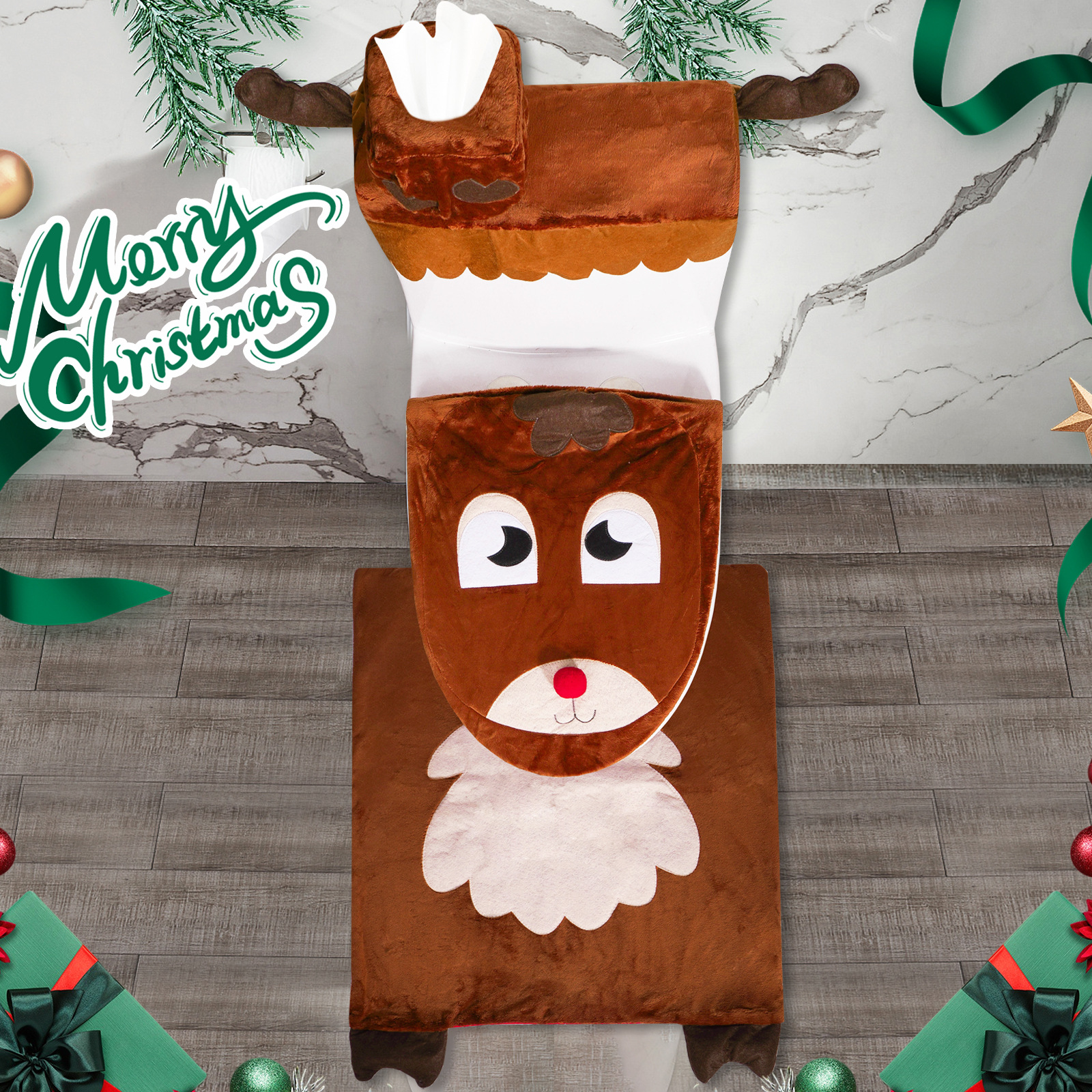 Transfronterizo nueva decoración de Navidad ardilla inodoro cubierta piso estera Baño de cuatro piezas Decoración