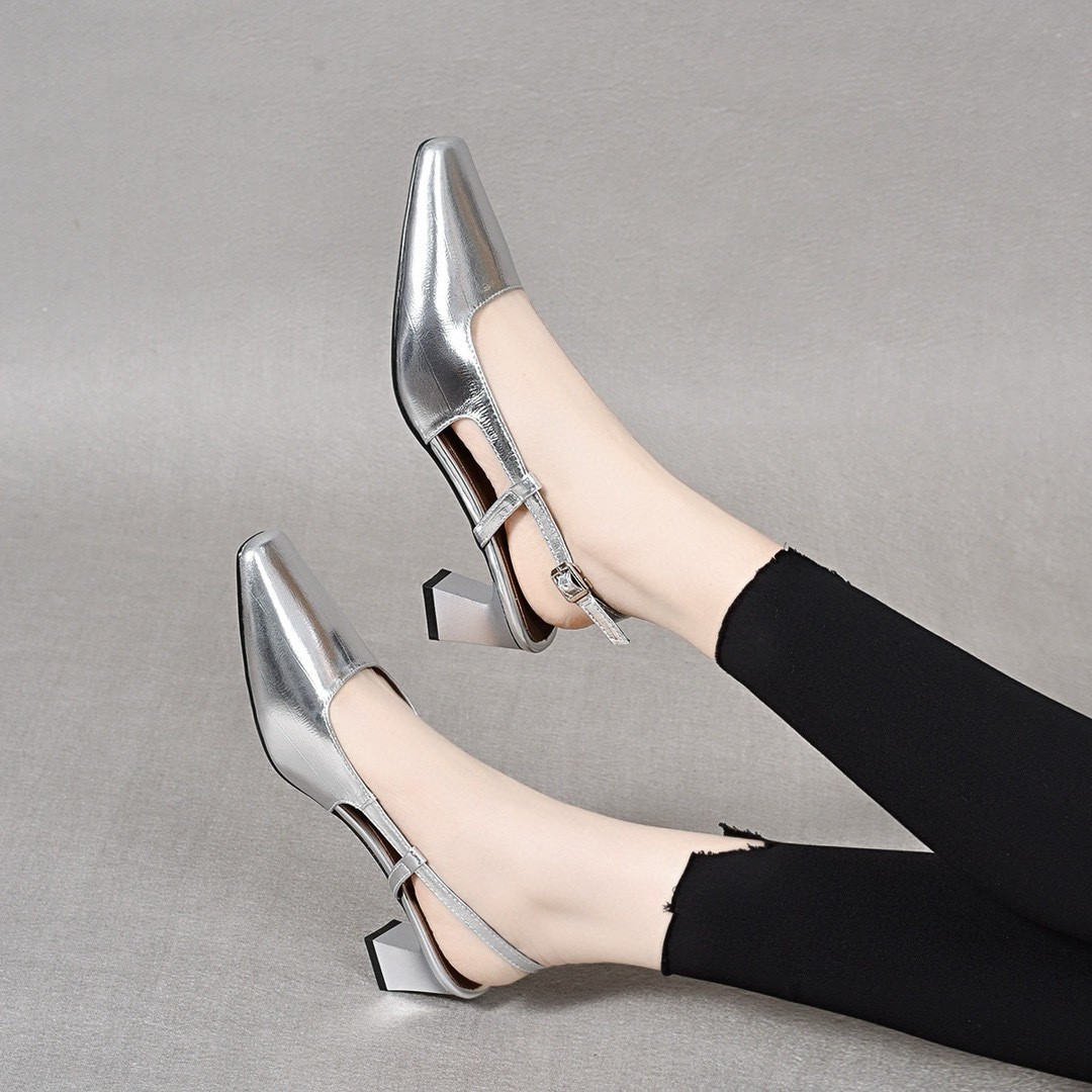 Sandal nữ quai ngang gót vuông da thật mũi vuông hở gót — màu be