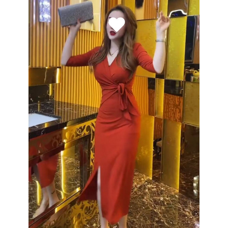 【2131人好评】2025夏季新款轻奢洋气性感V领绑带开叉纯色包臀裙