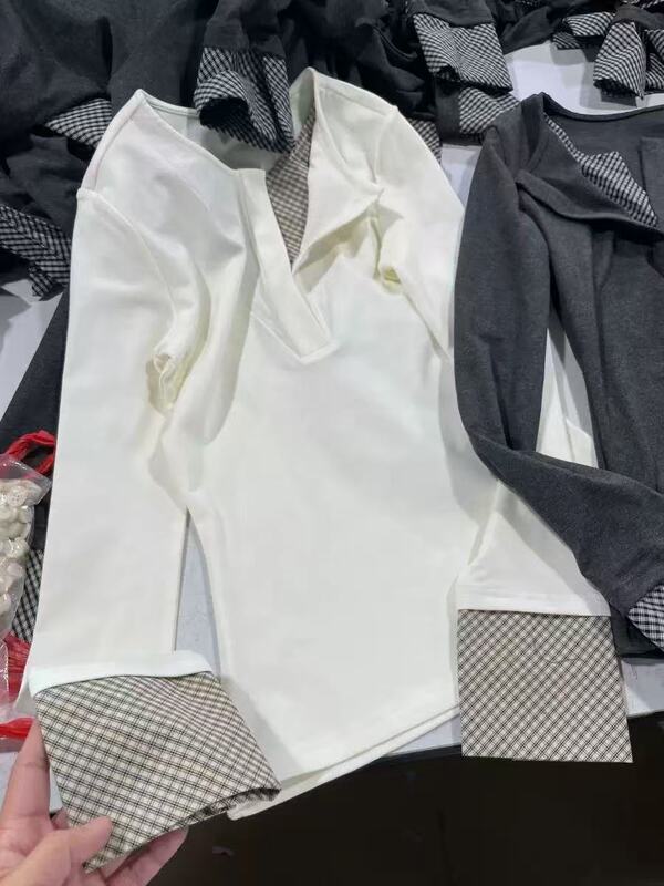 现货ODTD设计师品牌25秋季针织假两件拼接撞色格子亨利打底衫上衣|undefined