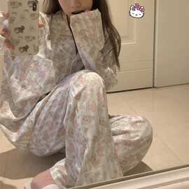 条纹小猫睡衣女春秋新款长袖长裤ins日系卡通学生居家服套装外穿
