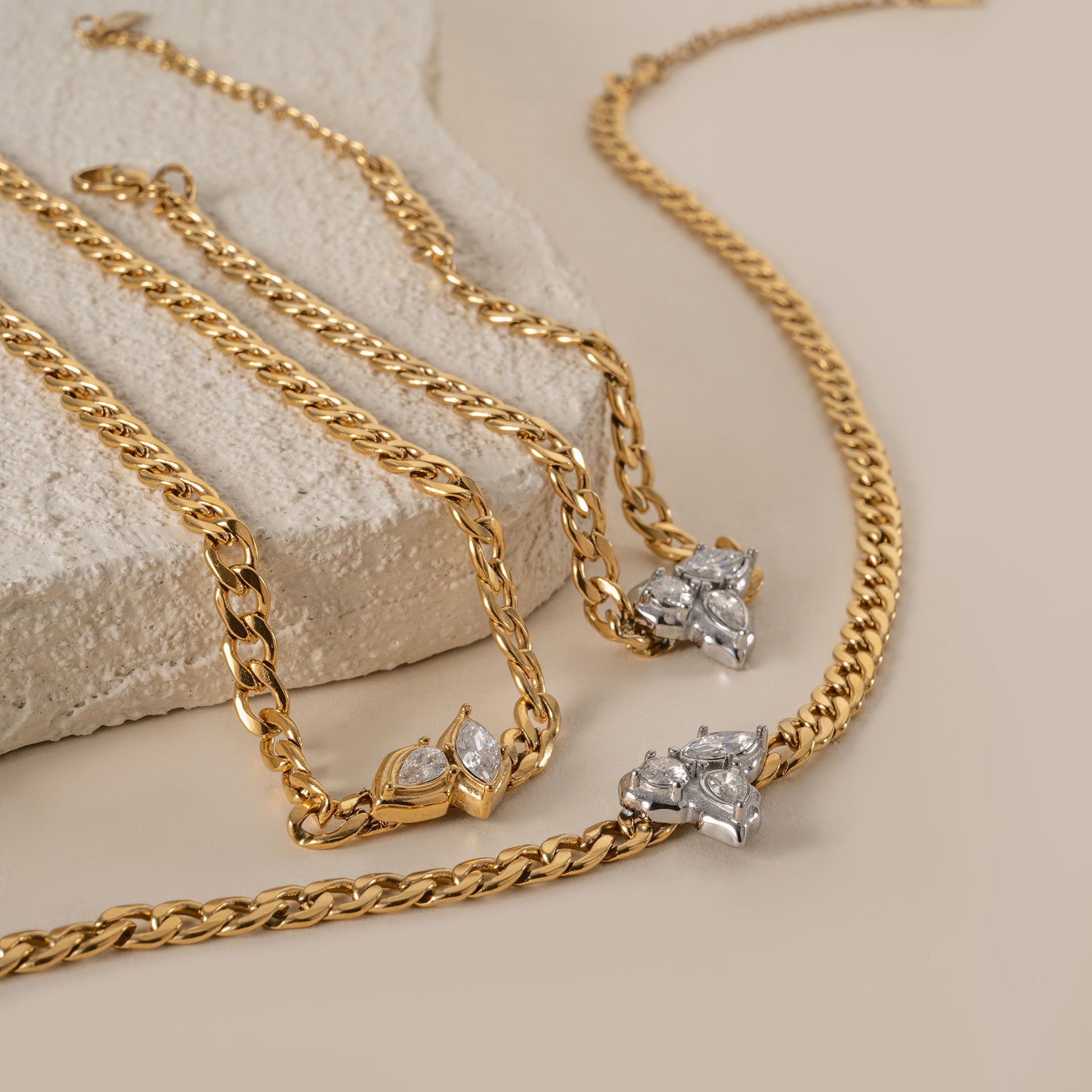 现货工厂批发欧美跨境18k真金电镀钛钢时髦NK链锆石项链手链脚链