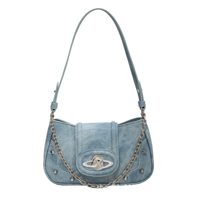 Four-Season Commuting Retro Small Square Trendy Versatile Denim Underarm Shoulder Bag Daily Handbag with Chain Crossbody