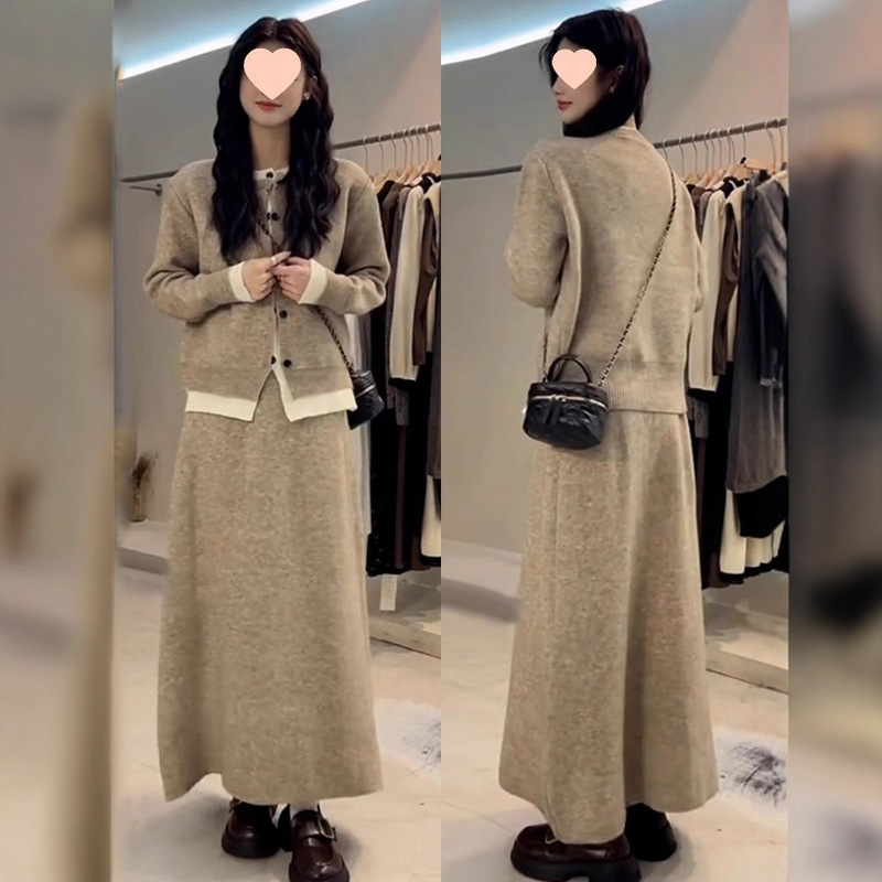 韩系气质穿搭两件套整套针织连衣裙子女2025春秋新款流行毛衣长裙|undefined