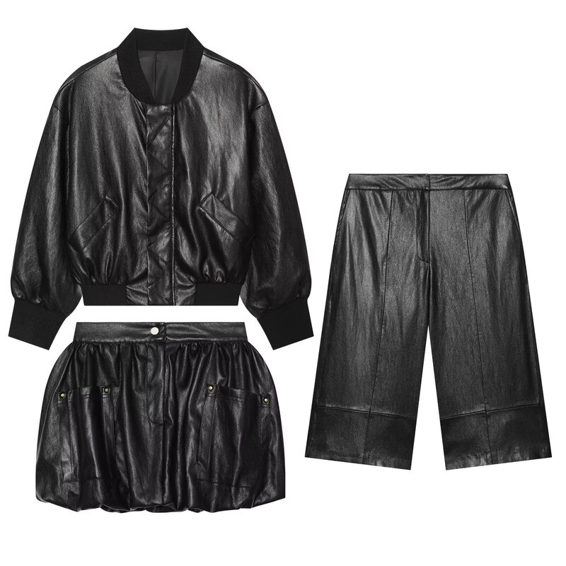 Za Women's Fashionable and Versatile Pu Leather Three-Piece Set: Jacket + Shorts + Skirt 3046068 3046168 Za Women's Fashionable and Versatile Pu Leather Three-Piece Set: Jacket + Shorts + Skirt 3046068 3046168