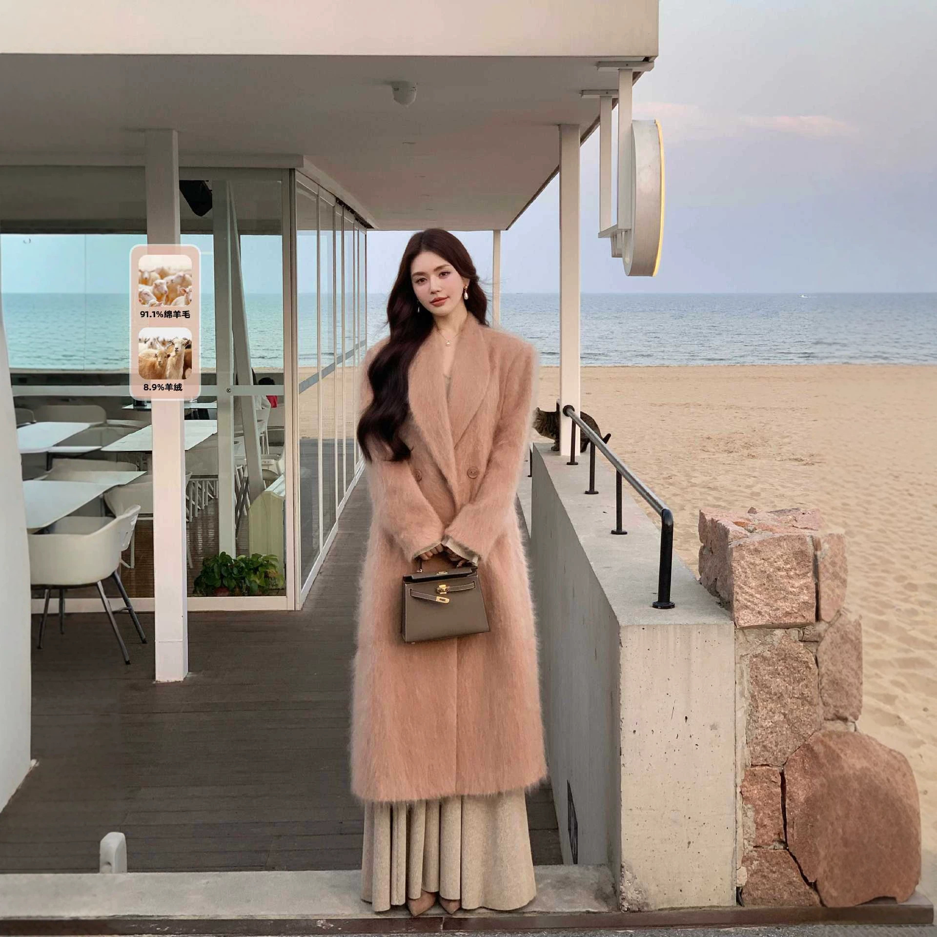 Silk wool high-end brushed cashmere coat for women, long warm woolen coat for winter, women's outerwear