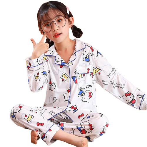 Spring and Autumn Children's Pajamas Girls Lapel Cardigan Cute Cartoon Sweet Loose Thin Home Clothes for Small, Medium and Large Children