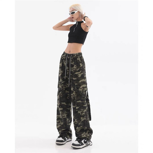 Chic Spring and Autumn Harlen Hip-Hop Camouflage Women's High Street Straight Leg Wide Leg Design Fashion Casual Work Pants Ins Trend