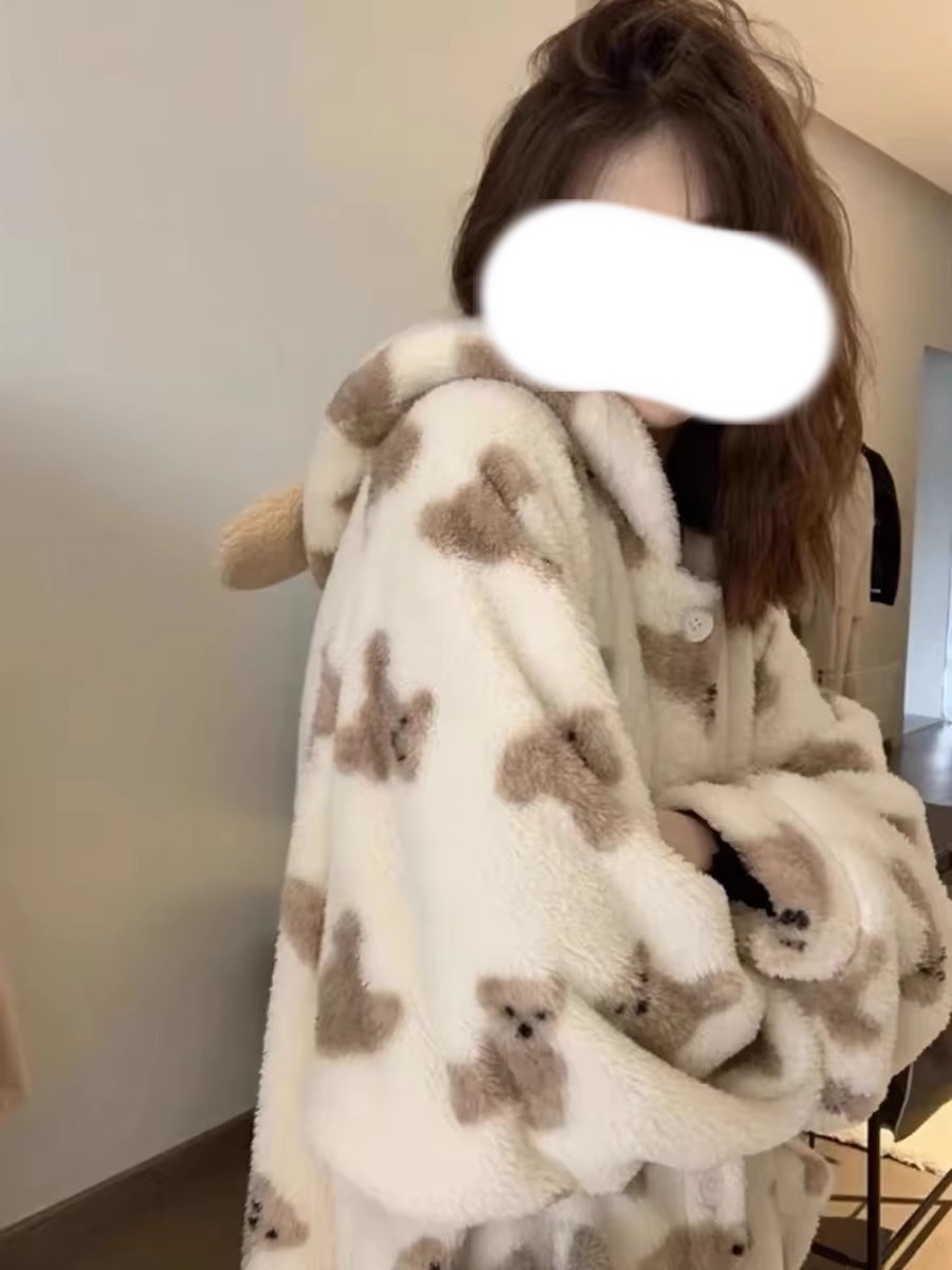 브라운 베어 파자마 여성용 겨울 나이트가운 산호 양털 두꺼운 플러시 롱 겨울 착용 가능 홈 의류 세트