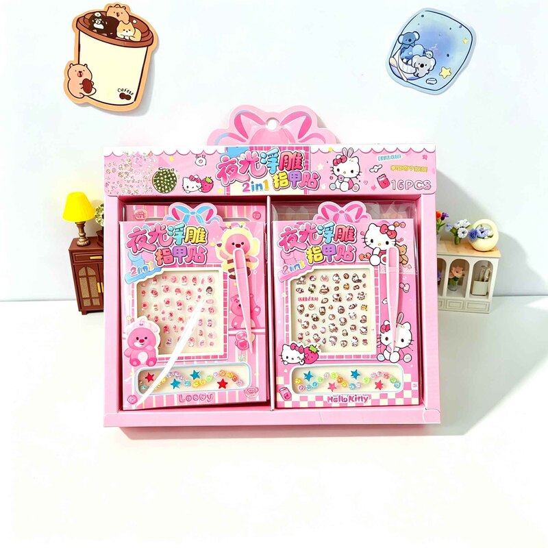 New cute cat luminous embossed nail stickers toy for children and girls, cute waterproof nail art decorative stickers