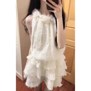 甜美富家千金小香风挂脖连衣裙女公主蛋糕裙甜美少女感收腰蓬蓬裙