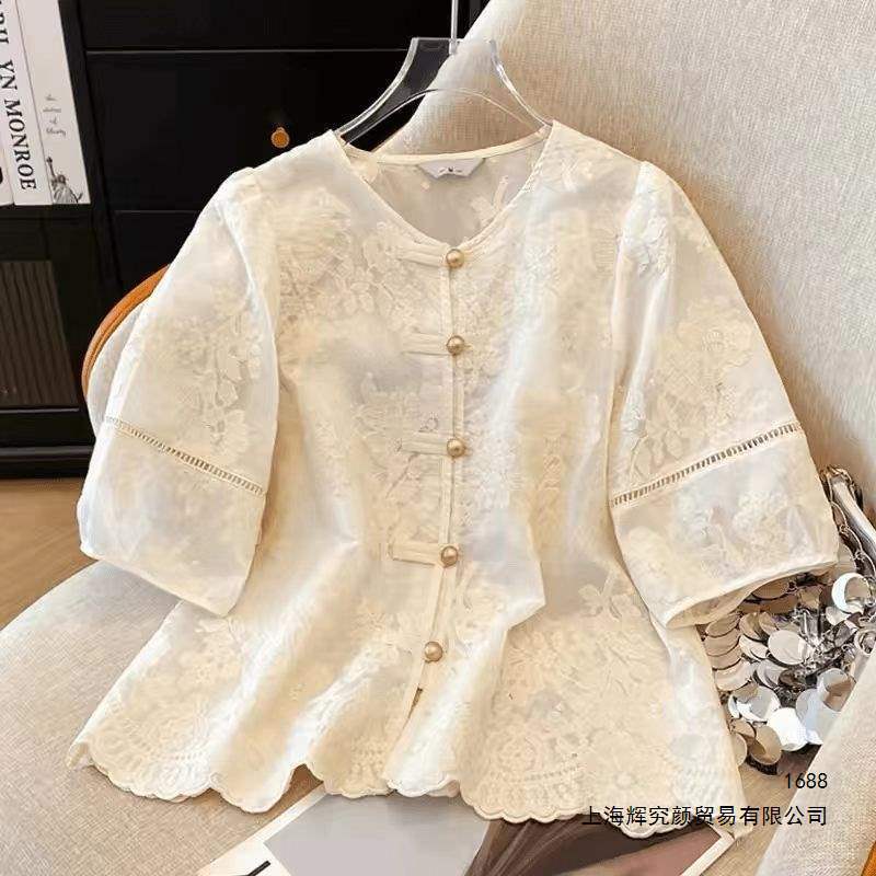 New Chinese-style shirt, traditional Tencel embroidered shirt for women, summer new slim-fit versatile lace top, off-shoulder, high elasticity