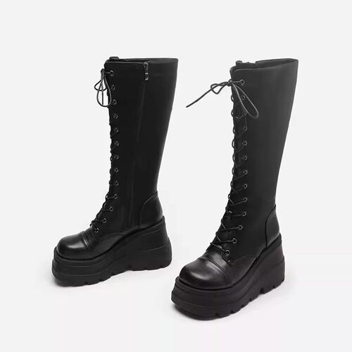 Lace-up ankle boots with 20cm thick sole motorcycle boots that do not reach the knee and show thin high boots 