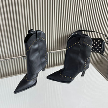 2025秋新款尖头铆钉细高跟套脚百搭性感低筒马丁瘦瘦时装女短靴