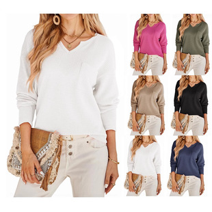 2025 Autumn Amazon European and American Cross-Border Trade Pineapple Grid Solid Color Loose Long Sleeve V-Neck Pocket Top Versatile