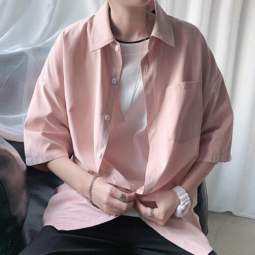 Men's Plain Color Collared Shirt Korean Style Trendy Summer New Short Sleeve Collar Shirt Loose Plus Size Thin Sports Style Jacket