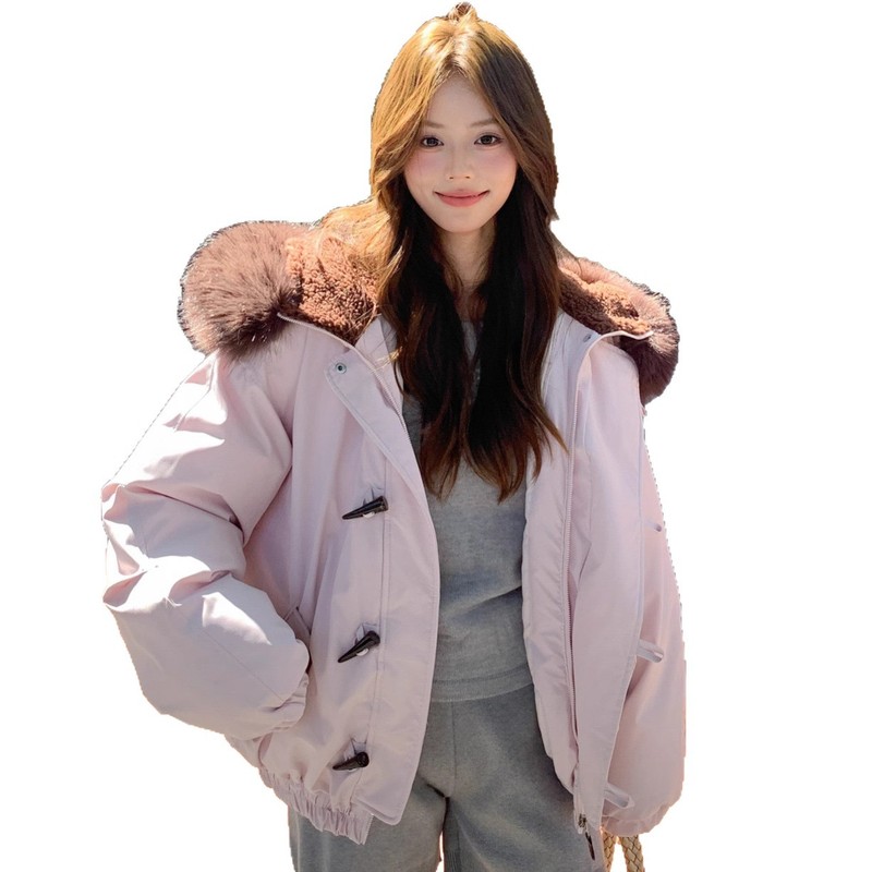 羽绒棉服女工装派克服毛领连帽牛角扣外套冬季2025宽松加厚保暖|undefined
