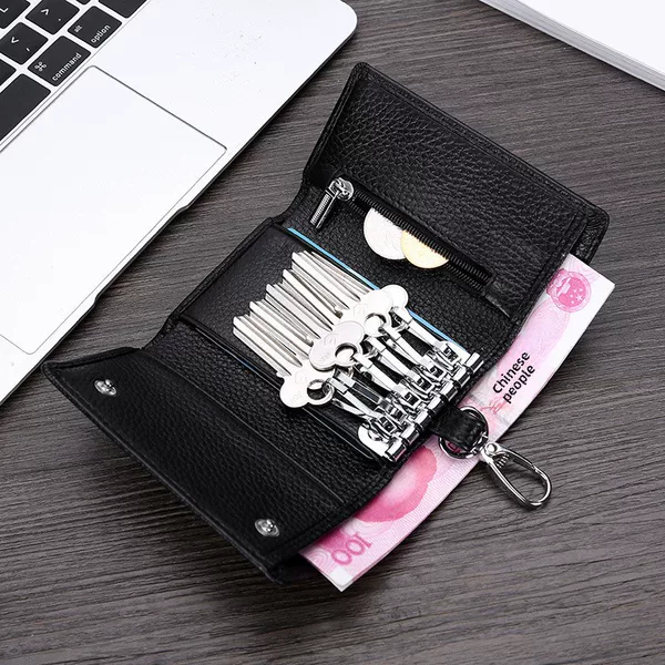 Genuine Leather Key Bag Men's and Women's Multi-Functional Tri-Fold Wallet Top Layer Cowhide Keychain Bag Fashionable Trendy Card Slot Coin Purse