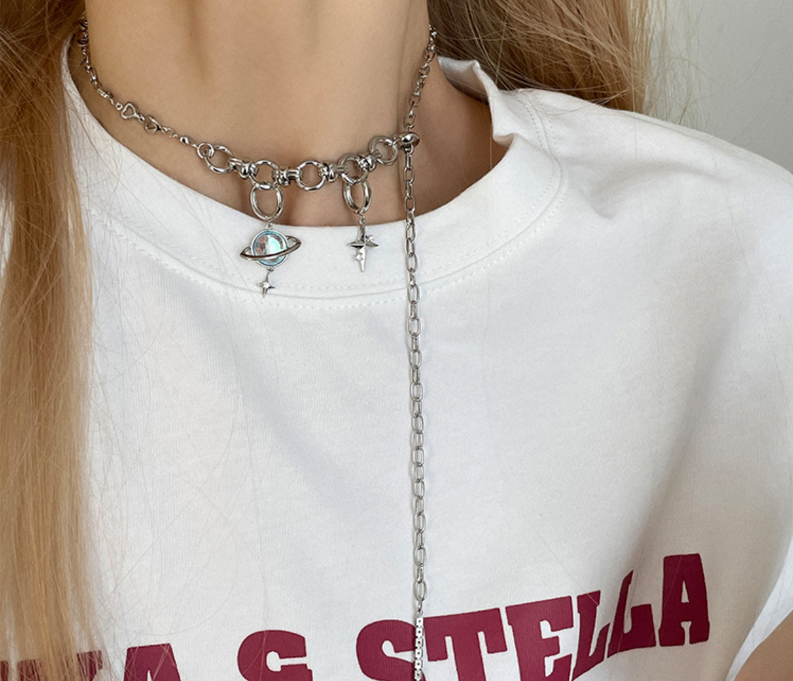 Streetwear Star Planet Titanium Steel Choker Inlay Artificial Gemstones Stainless Steel Necklaces