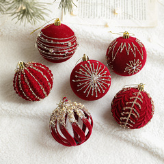 クロスボーダー新品8cmワインレッド植毛クリスマスボールつり玉粘粉スパンコールプラスチックボールクリスマスツリー装飾