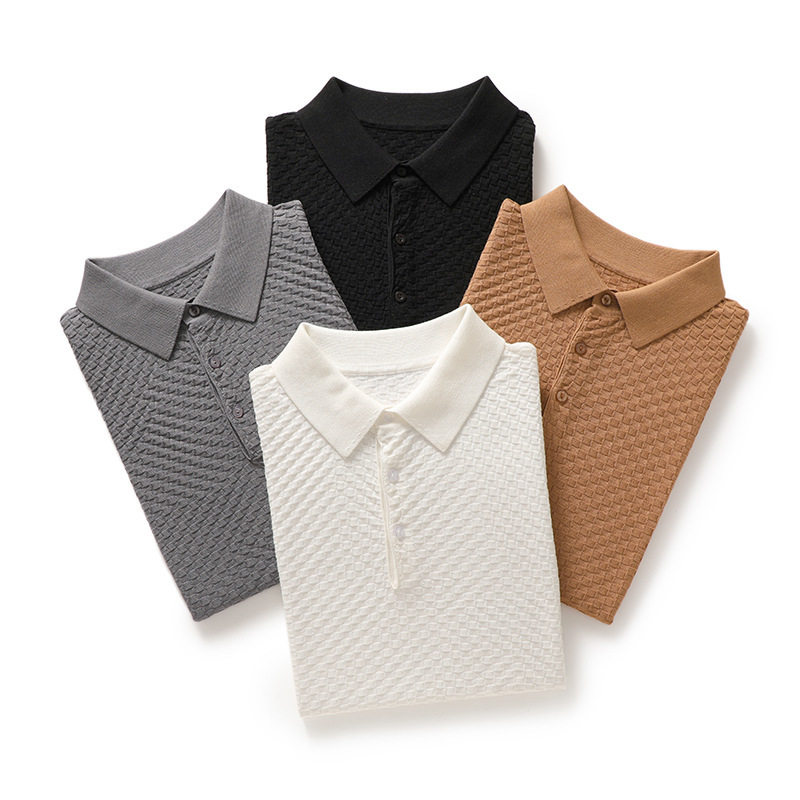 Áo thun nam tay ngắn cổ POLO chất liệu tơ tằm pha len dệt kim mỏng nhẹ — Màu camel, Màu trắng, Màu xám, Màu đen