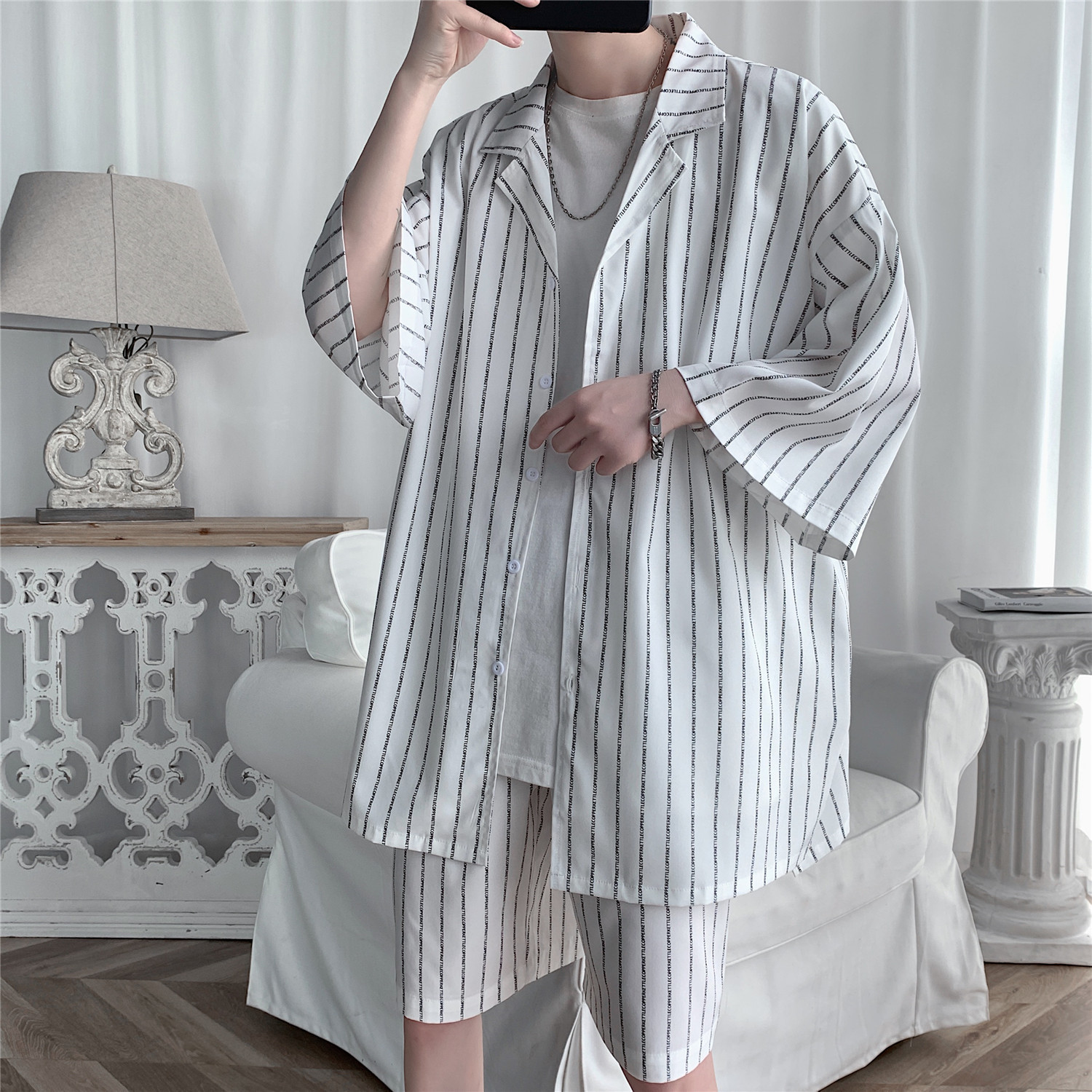 Summer Striped Short-sleeved Suit Men's Half-sleeved Shirt Fashionable Loose Shorts Men's Large Size Two-piece Casual Wear