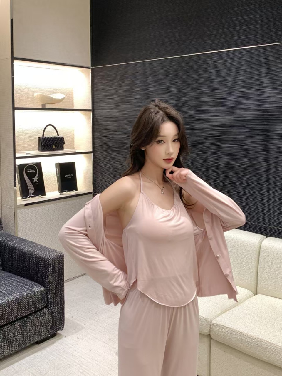 2025 Four Seasons Modal Three-Piece Pajamas with Breast Pads for Women Solid Color Sexy Bellyband Long Sleeves and Trousers Home Clothes