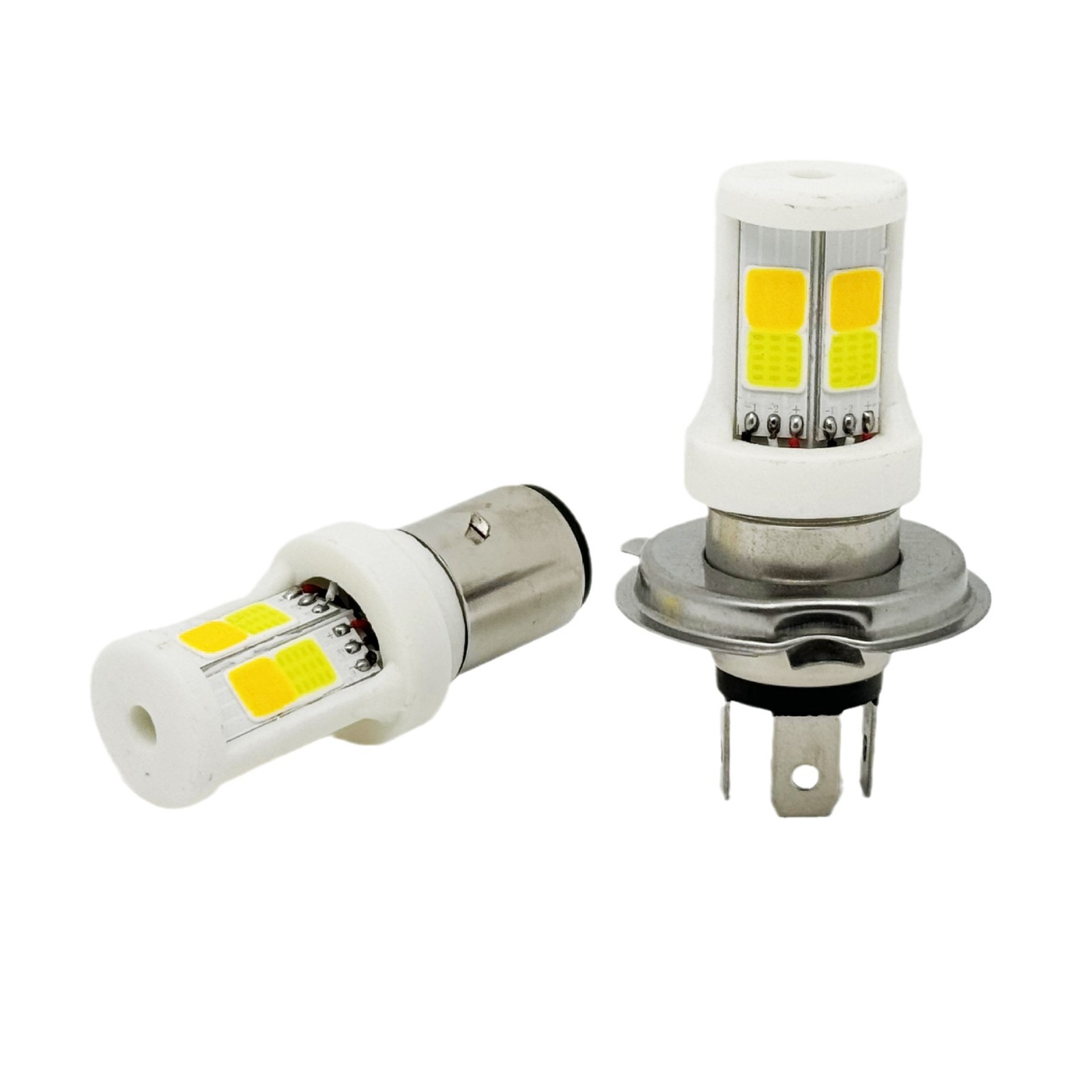 Motocicleta LED faro doble garra BA20D tres lados cuatro lados bombilla luminosa H4 LED bicolor incorporado faro modificado